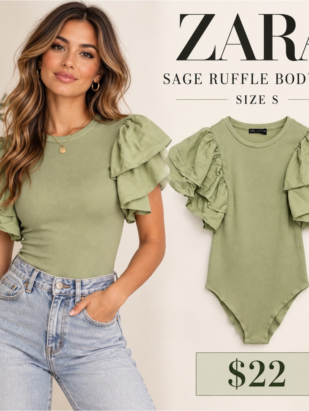 ZARA Sage Ruffle Sleeve Bodysuit